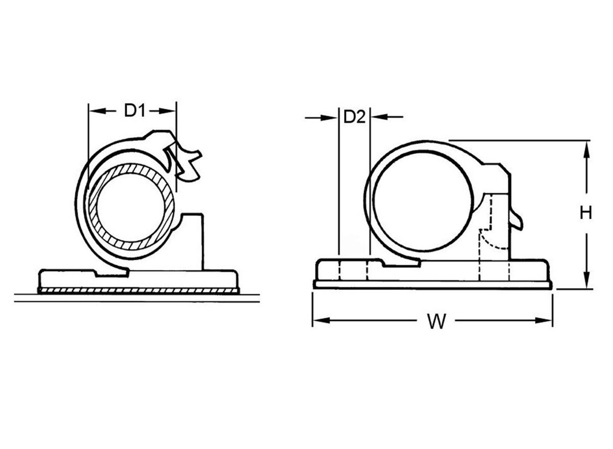 Self adhesive cable clips locking dimensional guide diagram displaying the clipping process