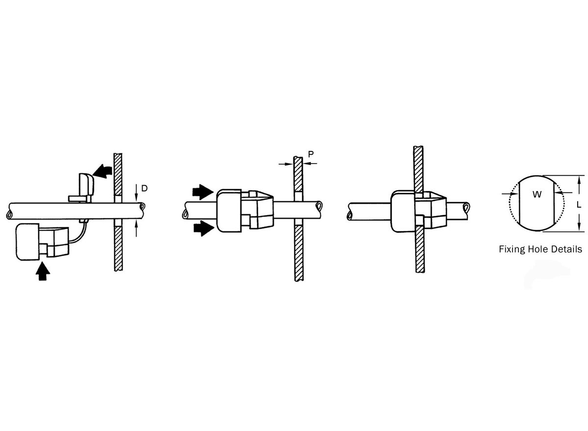 Strain relief bushings dimensional linedrawing guide split into four sections in grayscale 